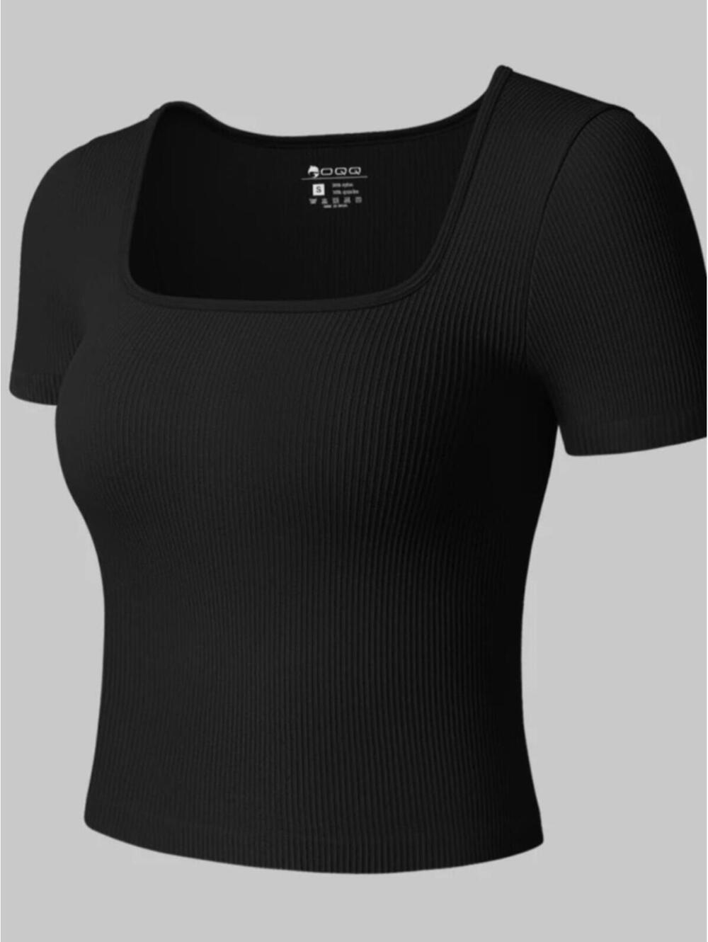 TIKTOK VIRAL OQQ 2 Pack Black Ribbed Square-Neck Short Sleeve Top Pack of Two